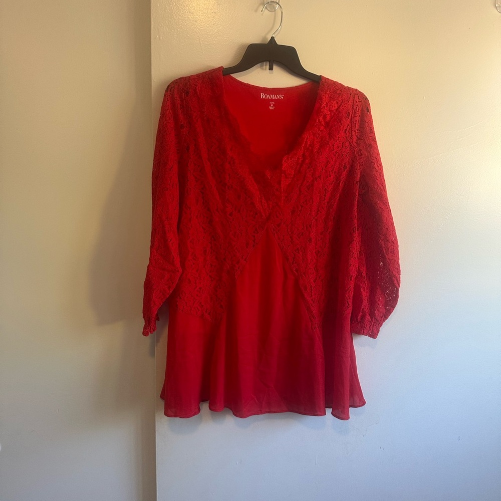Roaman's Red Lace V-Neck Tunic with Three-Quarter Sleeves